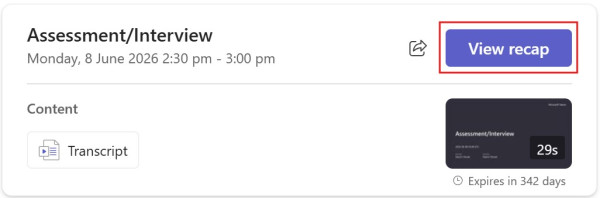 Screenshot showing where to view recap of a Teams recording