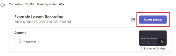 Screenshot showing where to view recap of a Teams recording