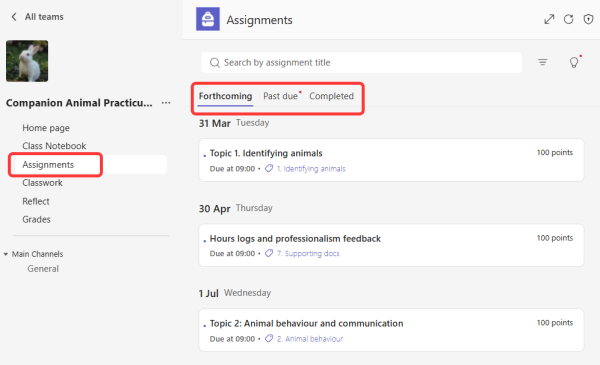 Teams assignment desktop view
