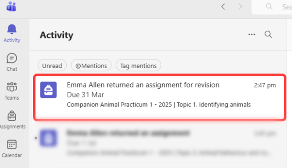 Returned assignment notification