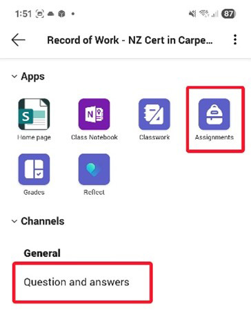 Teams assignment app view