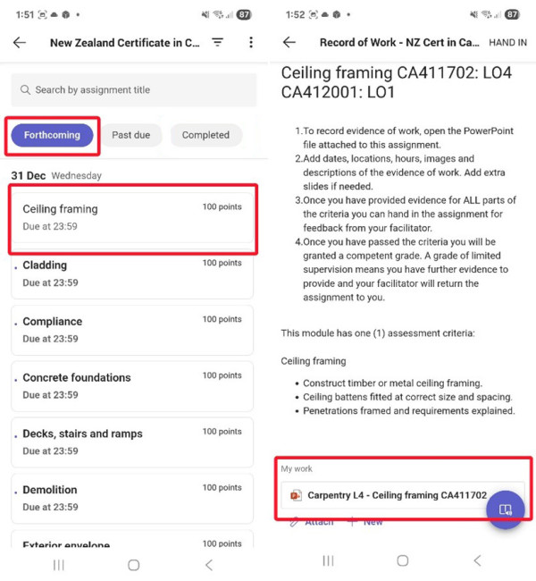 Teams assignment app view