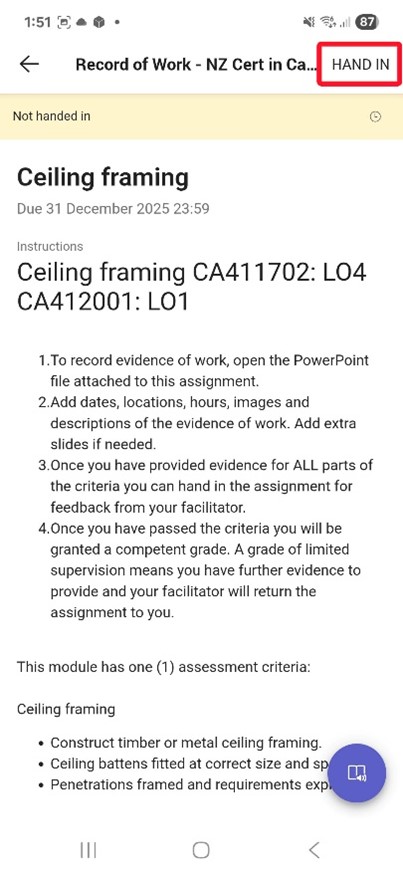 Hand in Teams assignment app view