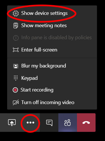 Teams meetings menu bar device settings