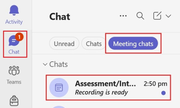 Screenshot showing where to find recording in Meeting chat